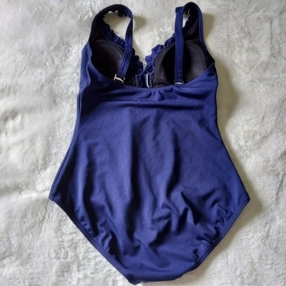 Vintage Gabar Navy Blue White Ruffled V Neck Swimsuit‎ with Adjustable St…